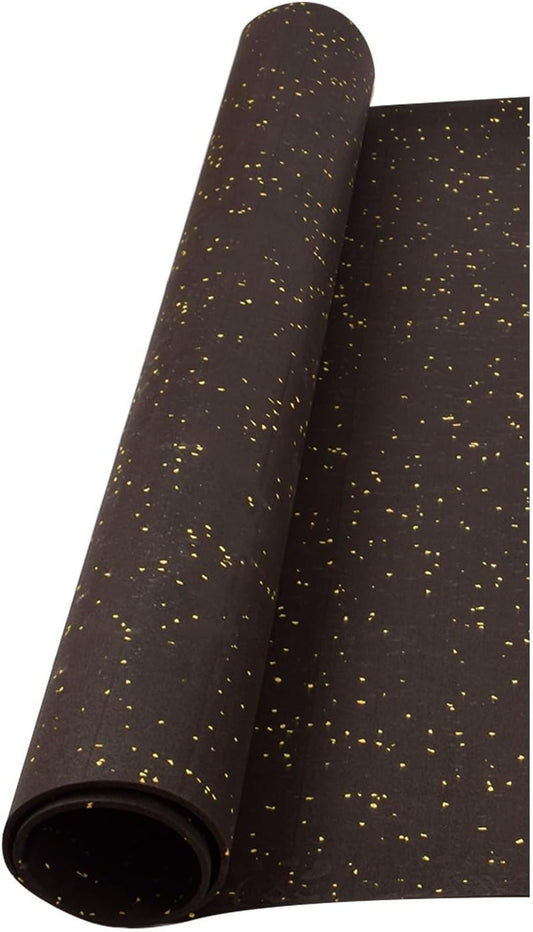 Suelo de caucho reciclado diseñado para suelo de gimnasio. Negro con pintas amarillas, en Rollo de 8 x 1,25mts de 8mm. FABRICACIÓN EUROPEA.