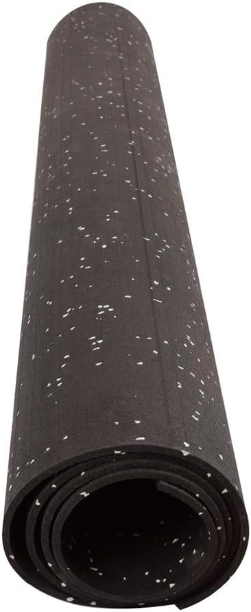 Suelo de caucho reciclado diseñado para gimnasio. En Rollo color Negro con pintas grises, en varias medidas y espesores. FABRICACIÓN EUROPEA.