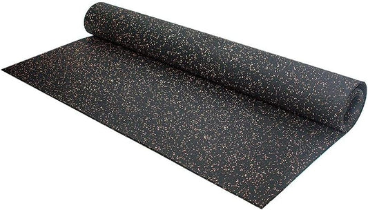 Suelo de caucho reciclado diseñado para gimnasio. En Rollo color Negro con pintas Rojas, en varias medidas y espesores. FABRICACIÓN EUROPEA.