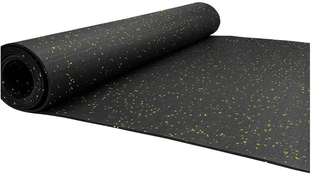 Suelo de caucho reciclado diseñado para suelo de gimnasio. Negro con pintas amarillas, en Rollo de 8 x 1,25mts de 8mm. FABRICACIÓN EUROPEA.