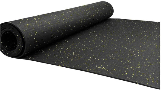 Suelo de caucho reciclado diseñado para suelo de gimnasio. Negro con pintas amarillas, en Rollo de 8 x 1,25mts de 8mm. FABRICACIÓN EUROPEA.