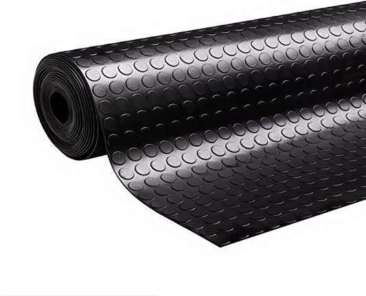 Suelo de caucho en rollo con círculos en color Negro con varias medidas y espesores. Antideslizante, adecuado para suelos de alto tránsito.