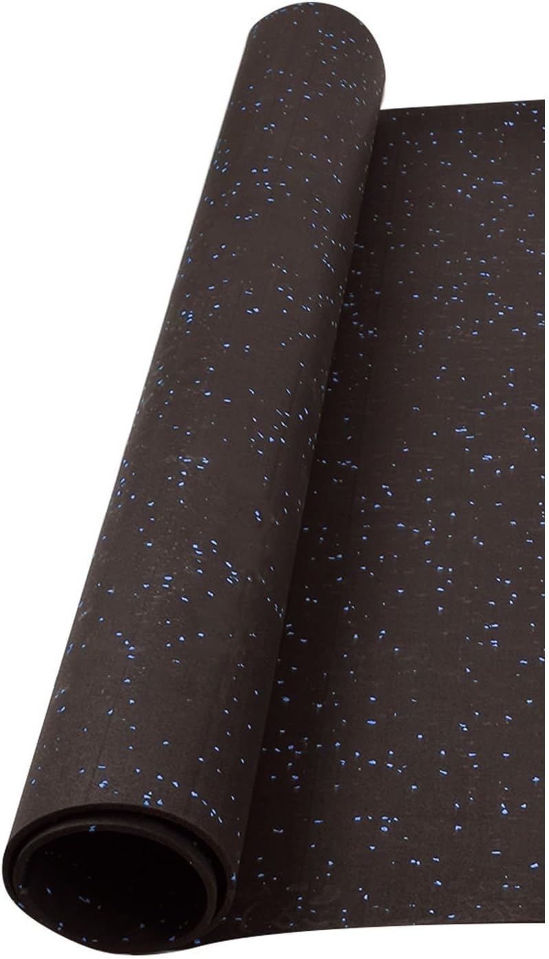 Suelo de caucho reciclado diseñado para gimnasio en Rollo color Negro con pintas Azules, en varias medidas y espesores. Fabricación Europea.