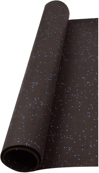 Suelo de caucho reciclado diseñado para gimnasio en Rollo color Negro con pintas Azules, en varias medidas y espesores. Fabricación Europea.