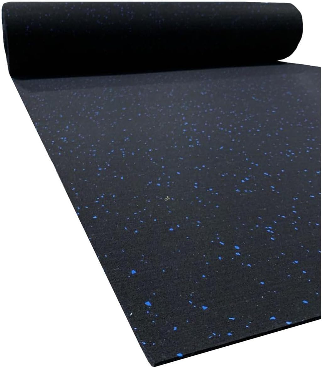 Suelo de caucho reciclado diseñado para gimnasio en Rollo color Negro con pintas Azules, en varias medidas y espesores. Fabricación Europea.