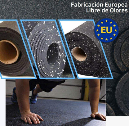 Suelo de caucho reciclado diseñado para gimnasio en Rollo color Negro con pintas Azules, en varias medidas y espesores. Fabricación Europea.